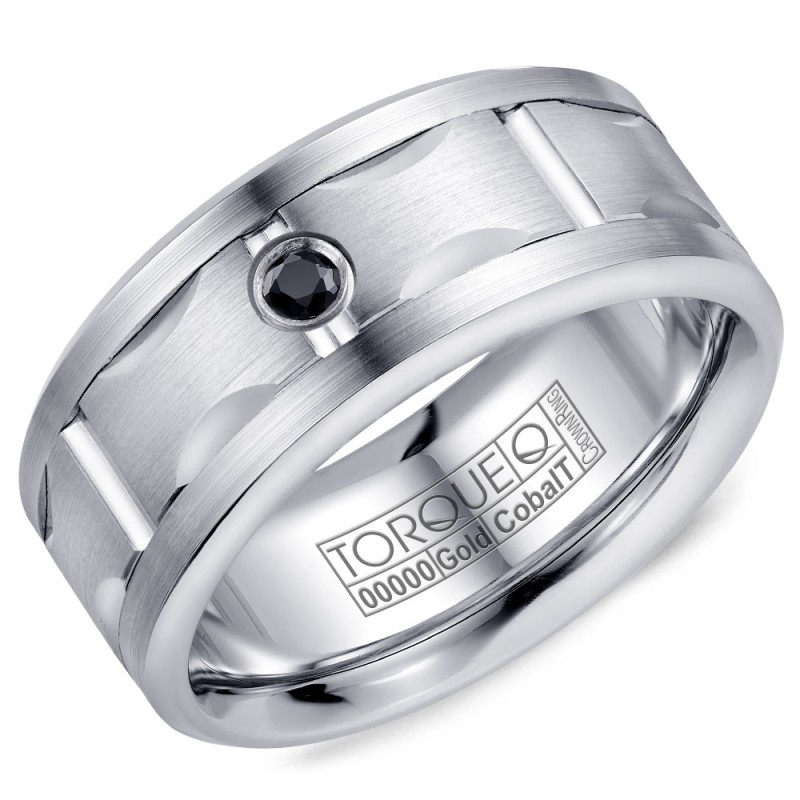 A Torque Ring In White Cobalt With A Carved White Gold Center And A Black Sapphire.