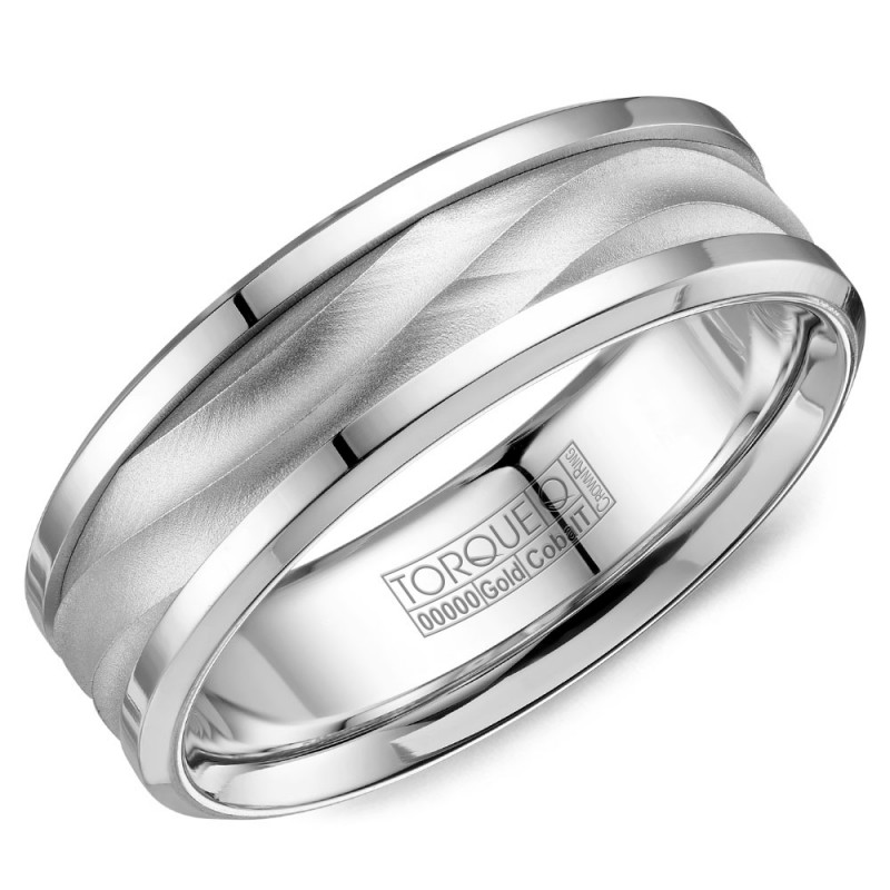 A Torque Ring In White Cobalt With A White Gold Wave Pattern Inlay.