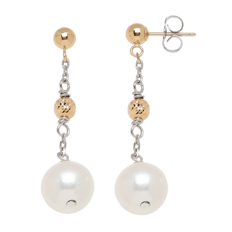 14KY Sterling Silver 9-9.5mm Freshwater Cultured Pearl with 4-6mm Gold Beads Drop Earrings