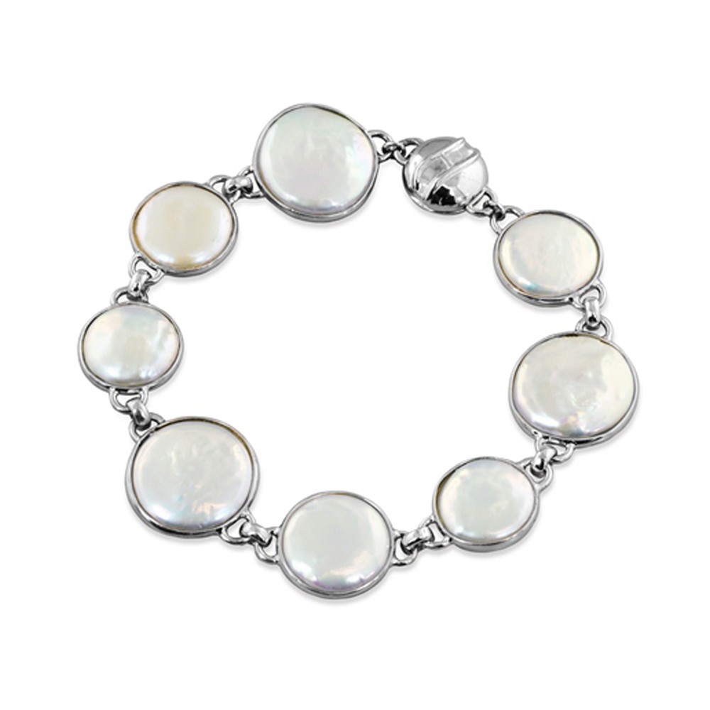 Sterling Silver 12-16mm White Baroque Coin Freshwater Cultured Pearl 7.5