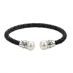 Sterling Silver 8.5-9MM Wht Button FWCP and Black Leather Stingray Cuff