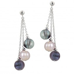 Sterling Silver 8-9MM Gray, White and Black Ringed Freshwater Cultured Pearl Multi Dangle Earrings