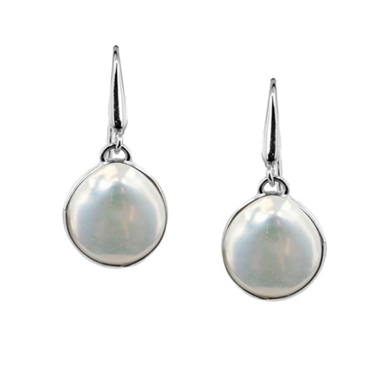 Sterling Silver 15-16mm White Baroque Coin Freshwater Cultured Pearl Dangle Earrings