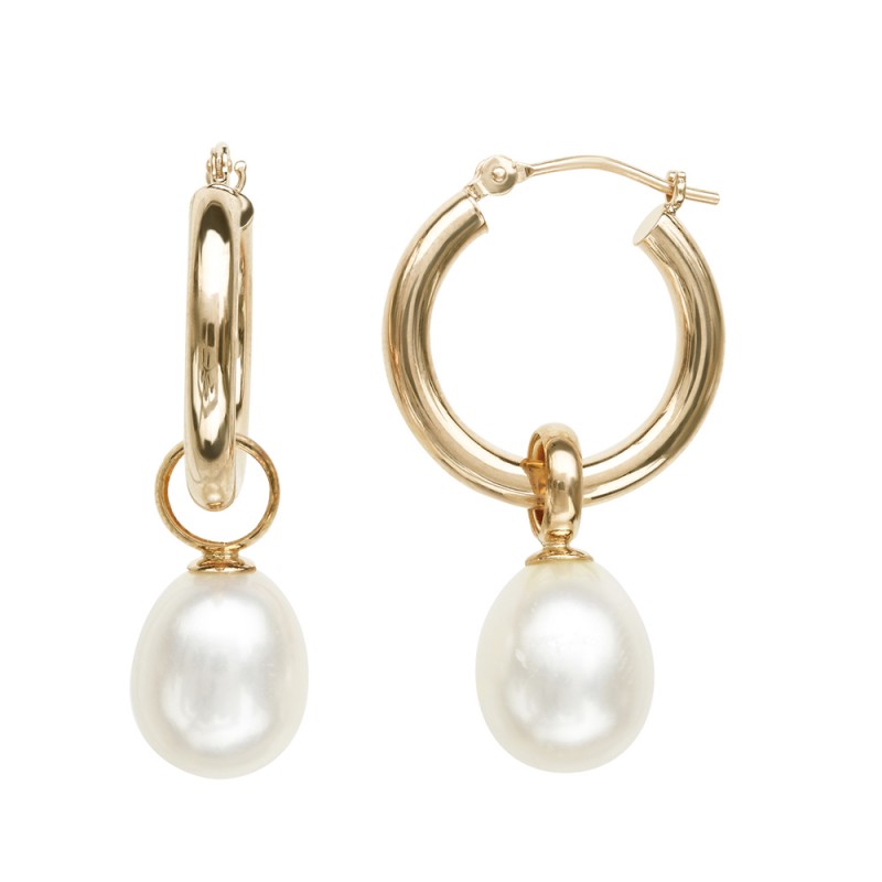 14K YG 8-9MM Wht Oval FWCP Hoop Earrings