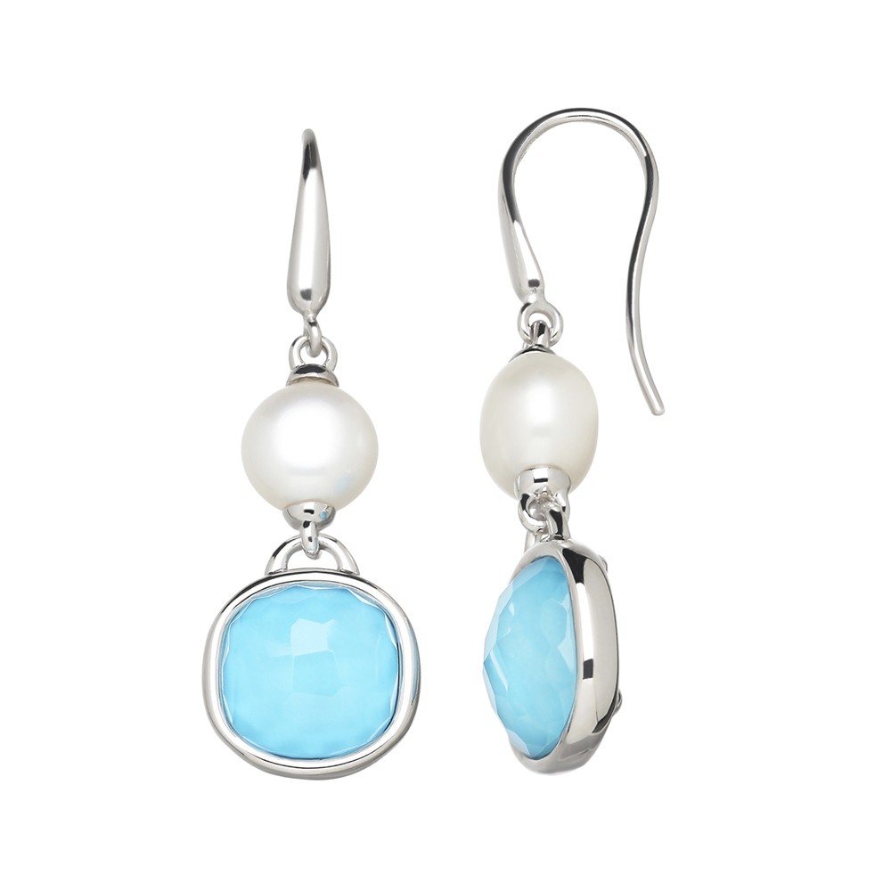 Sterling Silver 9-10mm Button Freshwater Cultured Pearl Turquoise Crystal Doublet Earrings