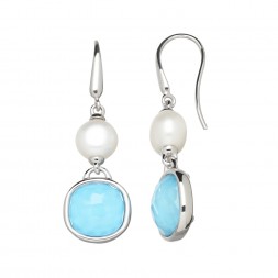 Sterling Silver 9-10mm Button Freshwater Cultured Pearl Turquoise Crystal Doublet Earrings