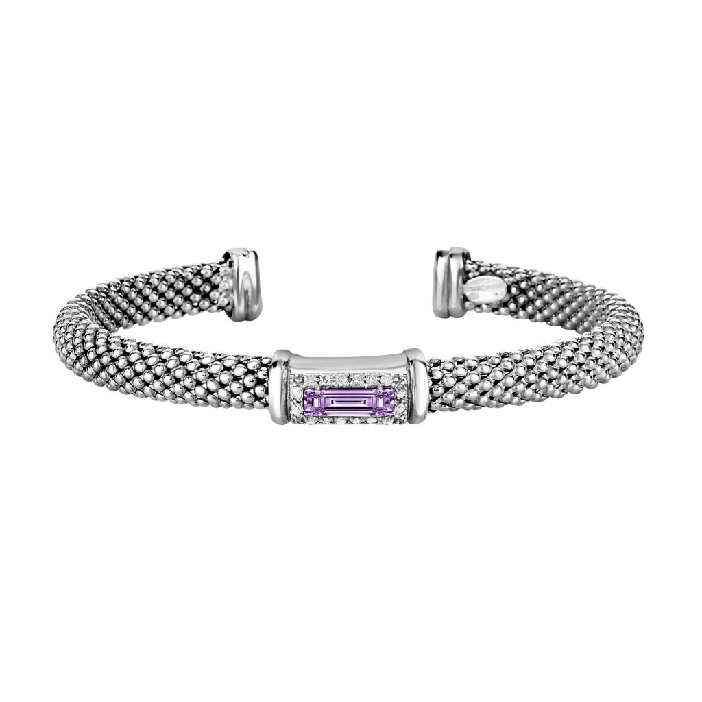 Silver Popcorn Cuff Bangle With Diamonds And Baguette Amethyst