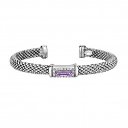 Silver Popcorn Cuff Bangle With Diamonds And Baguette Amethyst