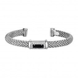 Silver Popcorn Cuff Bangle With Diamonds And Baguette Black Onyx
