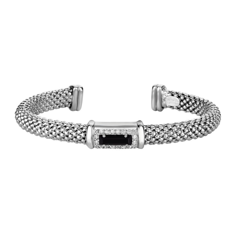 Silver Popcorn Cuff Bangle With Diamonds And Baguette Black Onyx