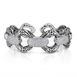 Silver 24Mm Byzantine Link Cuff  Bangle With White  Sapphires