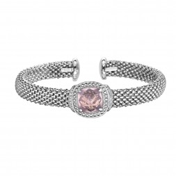 Silver Popcorn Cuff Bracelet  With Diamonds And Cushion Cut Rose Quartz