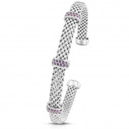 Sterling Silver Popcorn Triple Amethyst Station Cuff Bangle