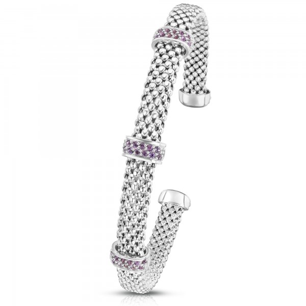Sterling Silver Popcorn Triple Amethyst Station Cuff Bangle