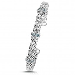 Sterling Silver Popcorn Triple London Blue Topaz Station Cuff Bangle