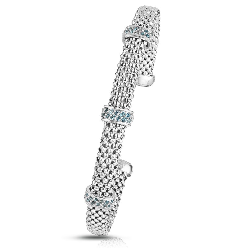Sterling Silver Popcorn Triple London Blue Topaz Station Cuff Bangle
