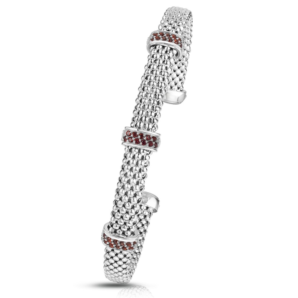 Sterling Silver Popcorn Triple Garnet Station Cuff Bangle