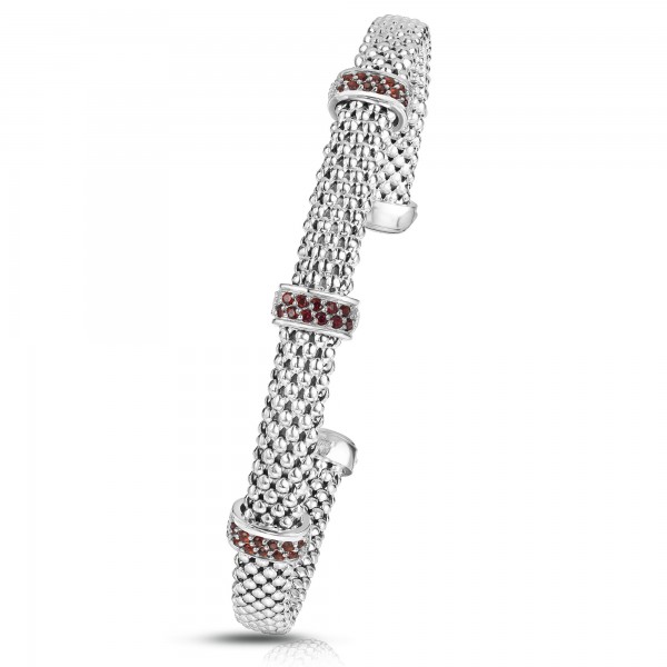 Sterling Silver Popcorn Triple Garnet Station Cuff Bangle