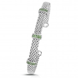 Sterling Silver Popcorn Triple Chrome Diopside Station Cuff Bangle