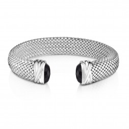Sterling Silver Bold 12Mm Popcorn Cuff Bracelet With Faceted Black Onyx