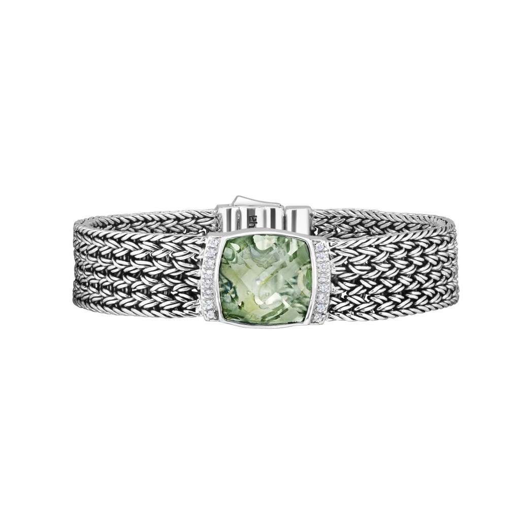 Silver Large 16Mm Woven Bracelet With Cushion Cut Green Amethyst And White Sapphires