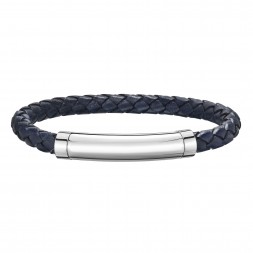 Silver With Rhodium Finish Woven Blue Leather Bracelet With Large Magnetic Clasp And  Blue Sapphire