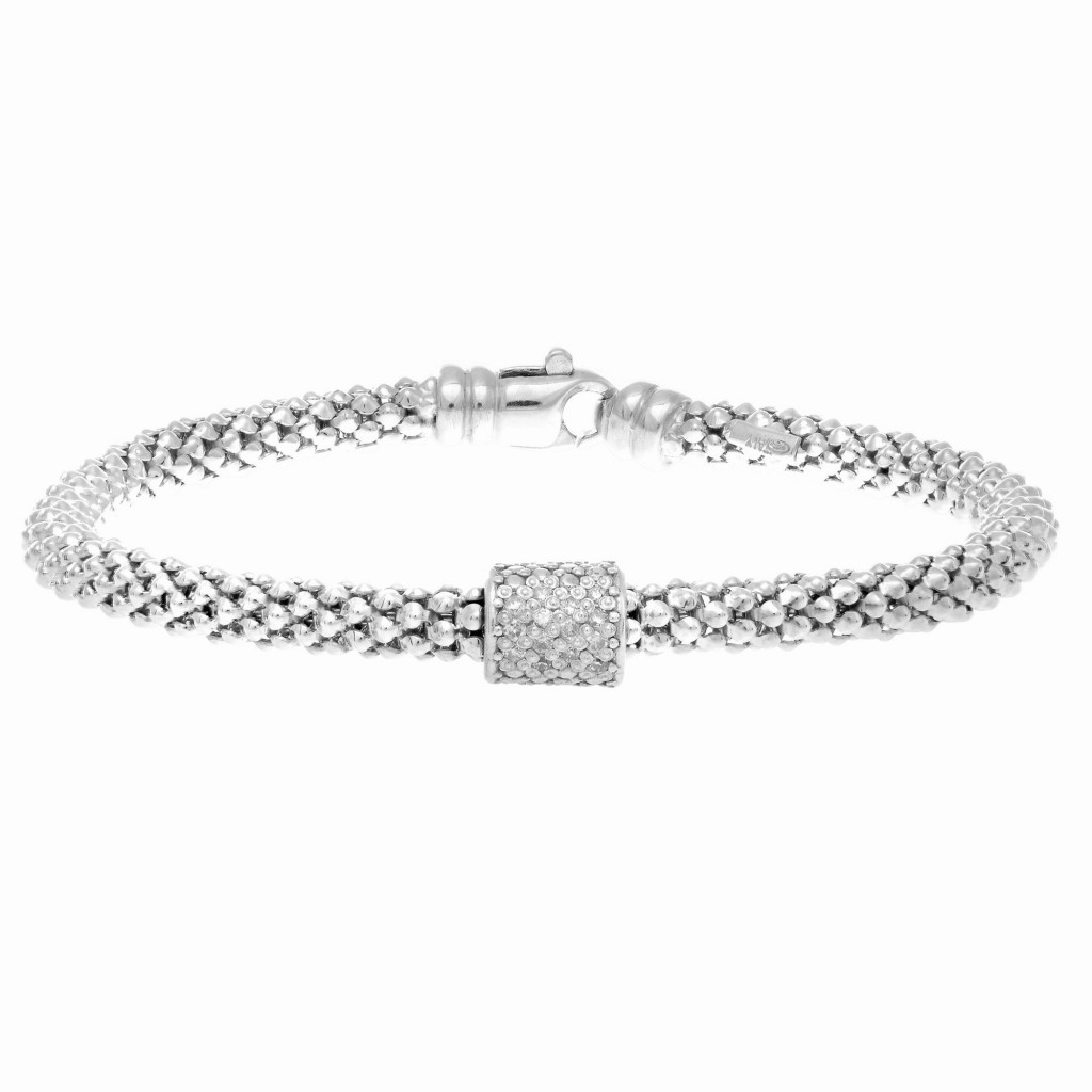 Silver  Popcorn Bracelet With Diamond Station Barrel