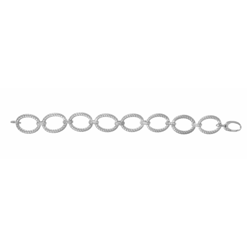 Silver Textured Italian Cable Large Oval Link Bracelet With Lobster Clasp And Diamonds