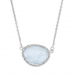Silver Oval Diamonds Sideways Pendant With Large  Milky Aqumar Ine  On 17 In Chain