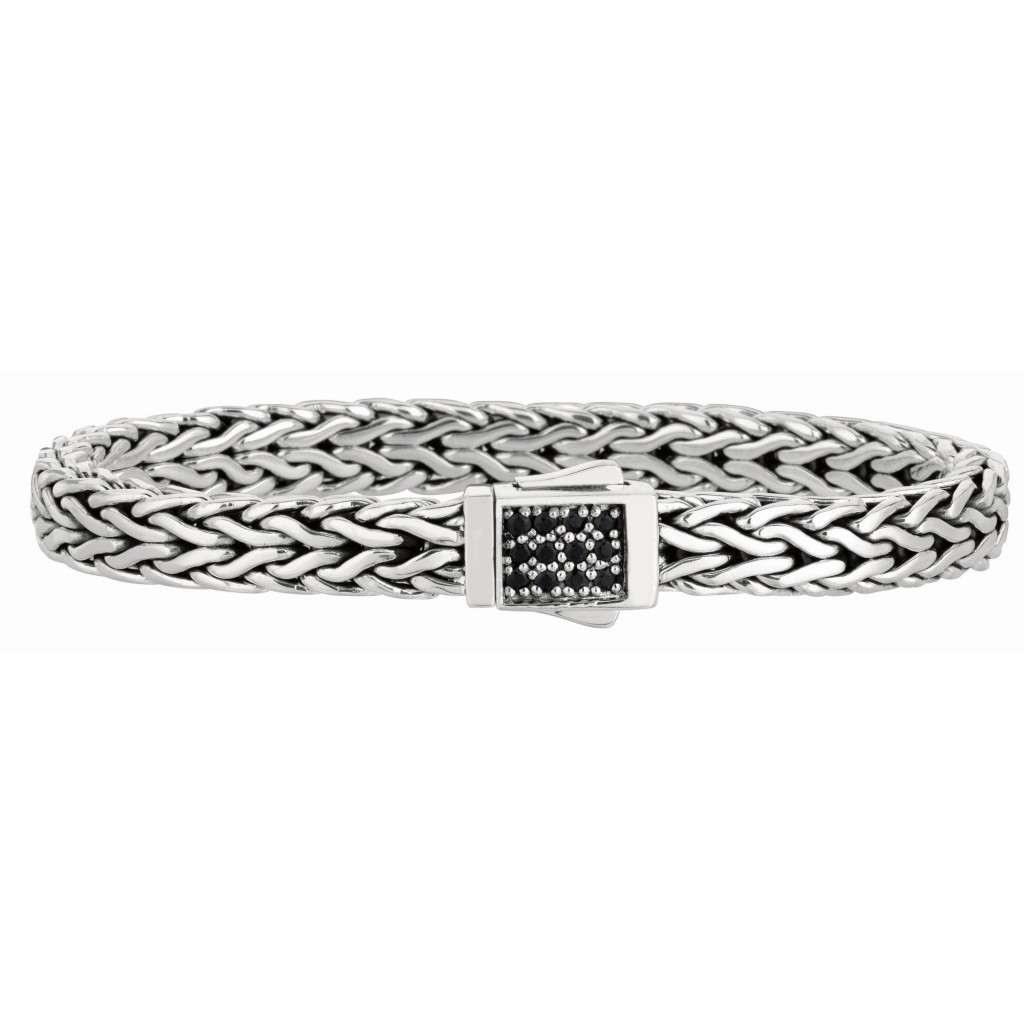 Silver  Wide Woven Bracelet With Square Box Clasp With Black Sapphires