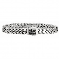Silver  Wide Woven Bracelet With Square Box Clasp With Black Sapphires