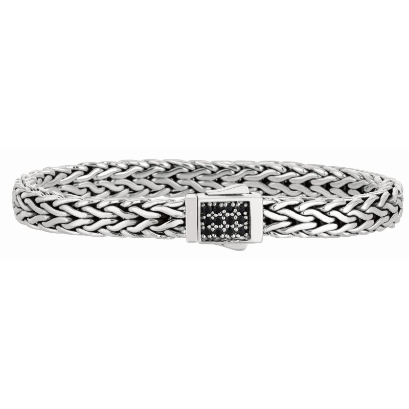 Silver  Wide Woven Bracelet With Square Box Clasp With Black Sapphires