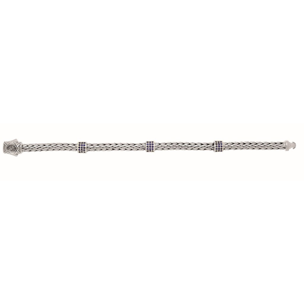Silver Woven Bracelet With Three Stations Of Blue Sapphires