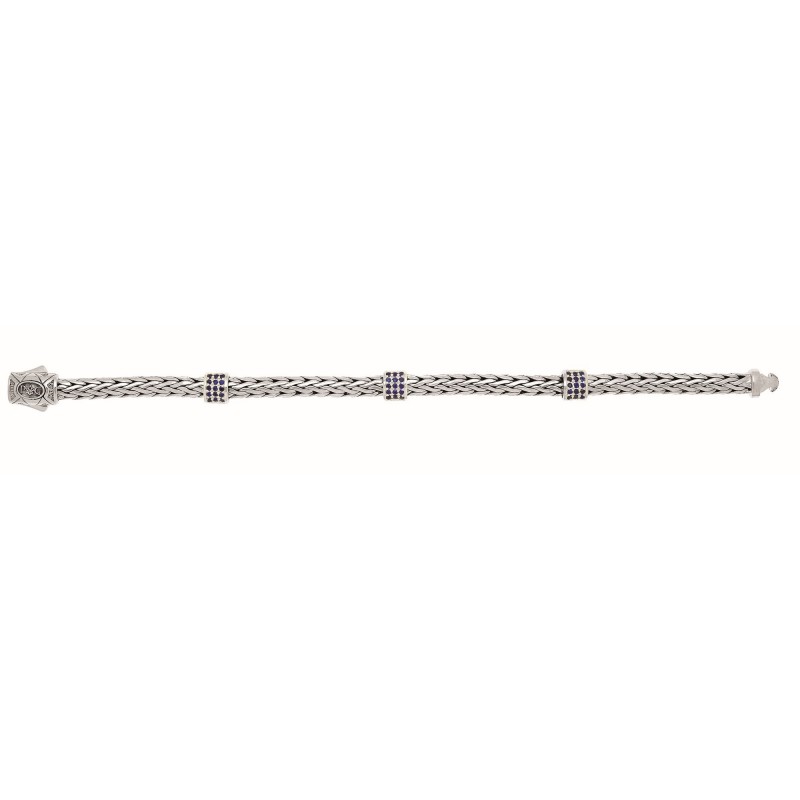 Silver Woven Bracelet With Three Stations Of Blue Sapphires