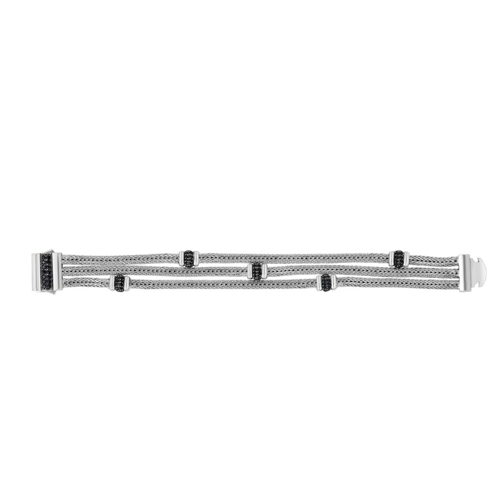 Silver 3-Strand Bold Multi-Station Woven Bracelet With Box Clasp And  Black Sapphires