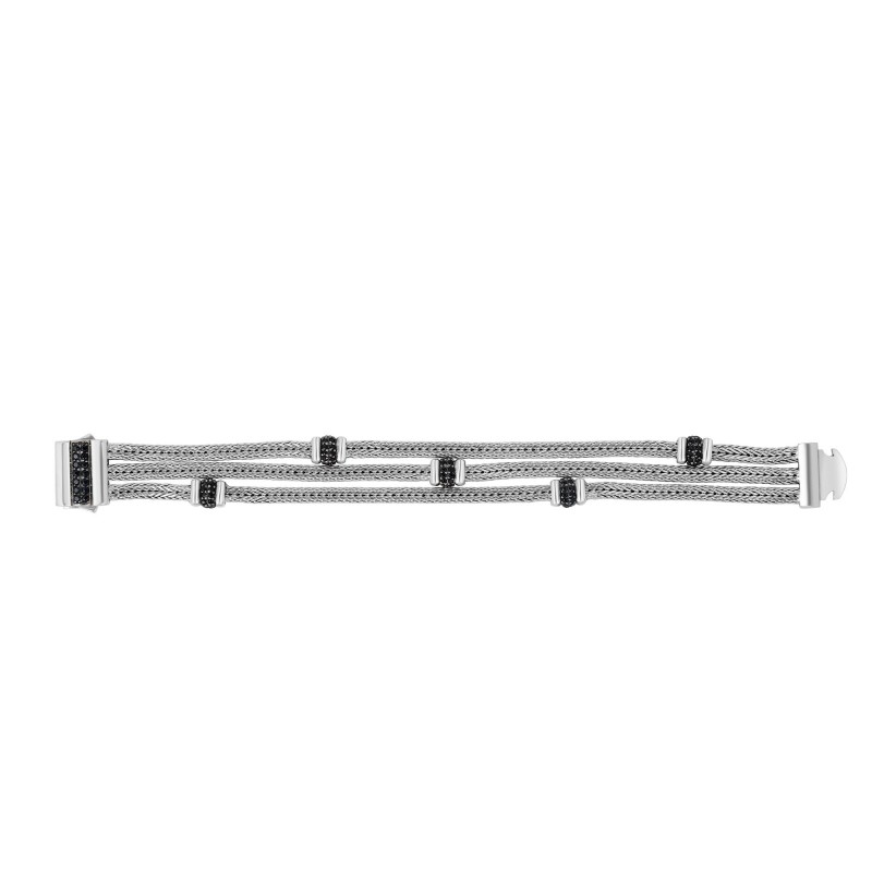 Silver 3-Strand Bold Multi-Station Woven Bracelet With Box Clasp And  Black Sapphires