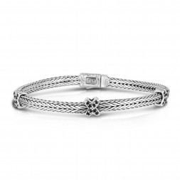 Silver Textured Square X-Stationed Woven Bracelet With Box Clasp And Black Sapphire