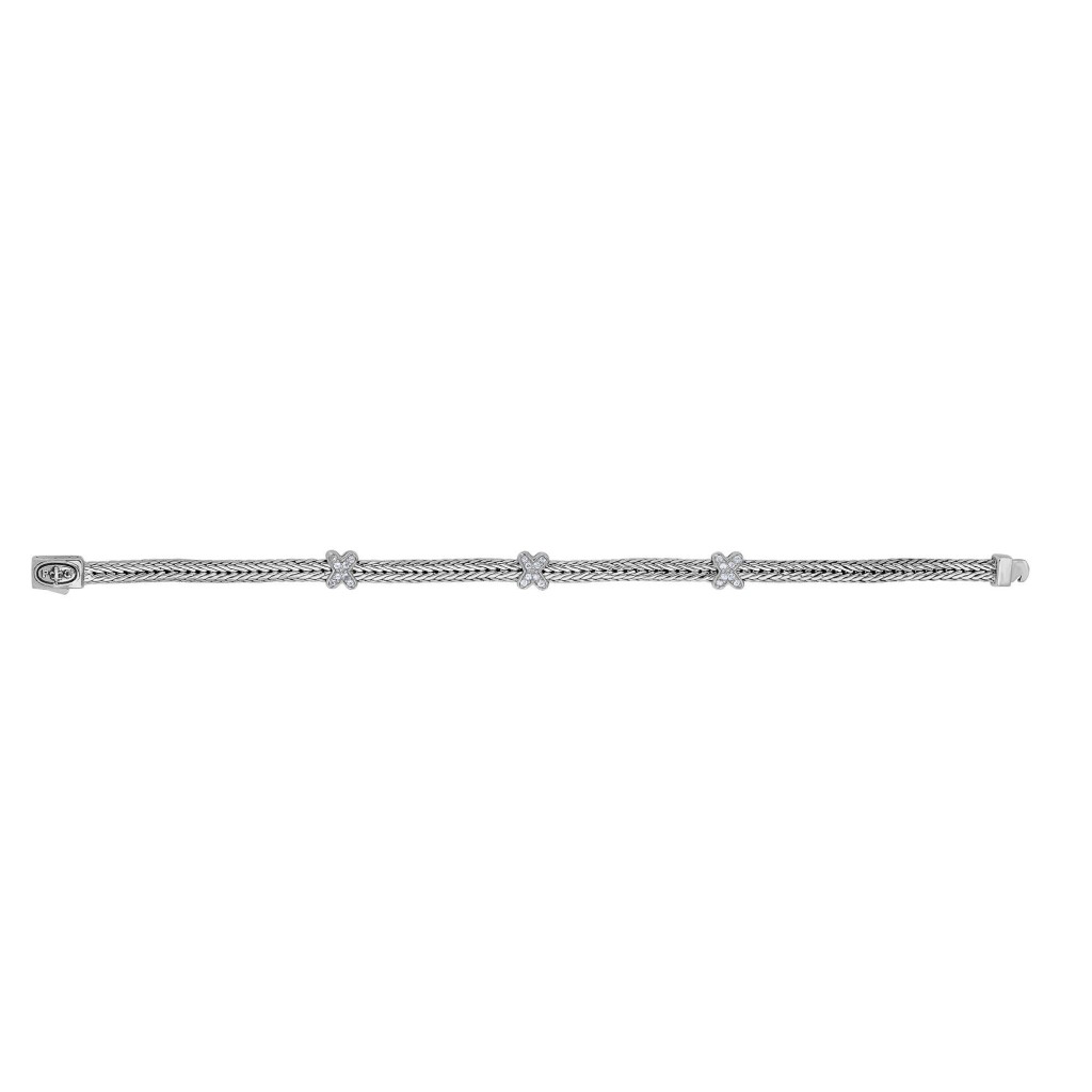 Silver Textured Square X-Stationed Woven Bracelet With Box Clasp And Sapphire