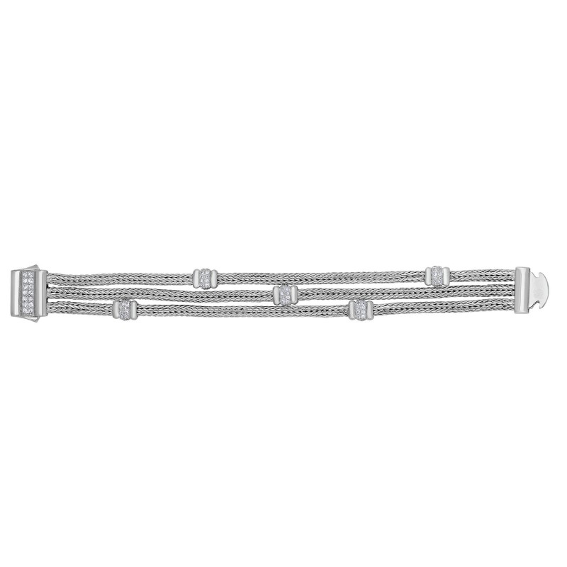 Silver 3-Strand Bold Multi-Station Woven Bracelet With Box Clasp And  White Sapphires