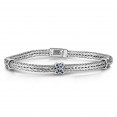 Silver Textured Square X-Stationed Woven Bracelet With Box Clasp And Blue Sapphire