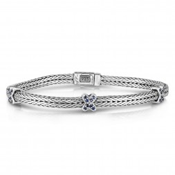 Silver Textured Square X-Stationed Woven Bracelet With Box Clasp And Blue Sapphire