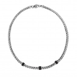 Silver Woven 17In Necklace With Three Stations Of Black Sapphires