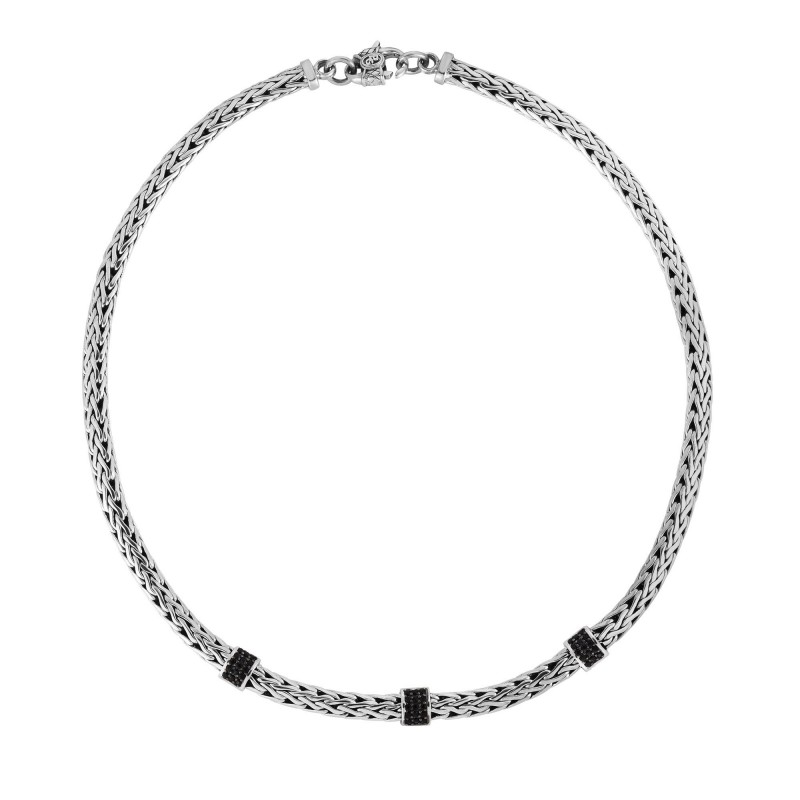 Silver Woven 17In Necklace With Three Stations Of Black Sapphires