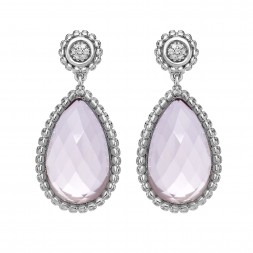 Silver Teardrop Popcorn Earrings With Push Back Clasp, Rose Quartz And Diamond