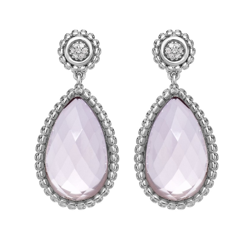 Silver Teardrop Popcorn Earrings With Push Back Clasp, Rose Quartz And Diamond