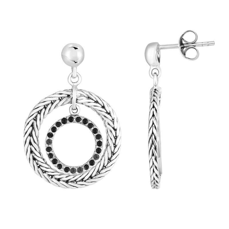 Woven Silver Round Drop Earrings With Black Sapphires