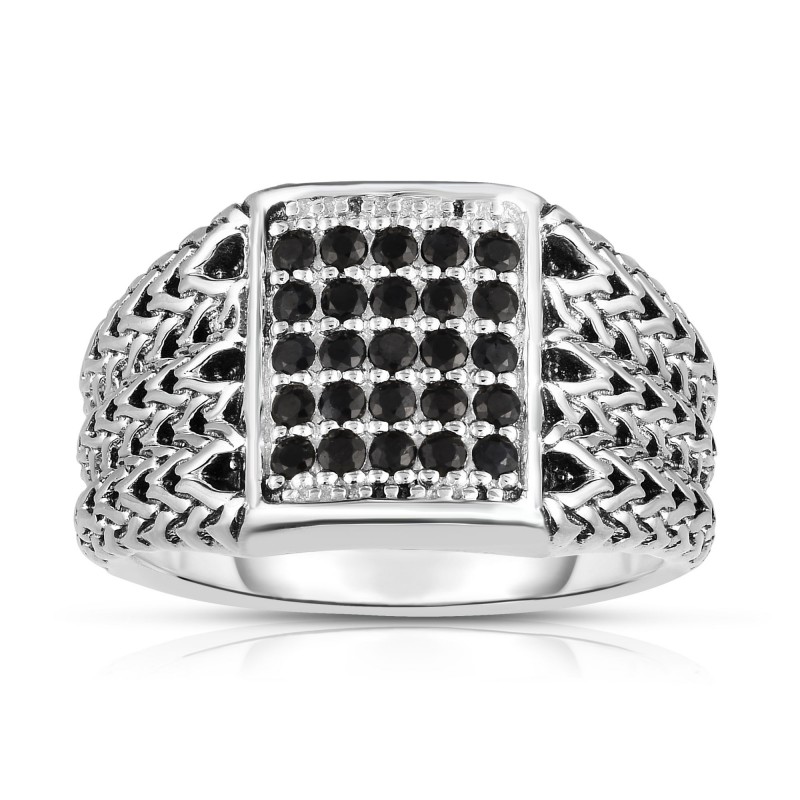 Woven Silver Men'S Signet Ring With Black Sapphires.