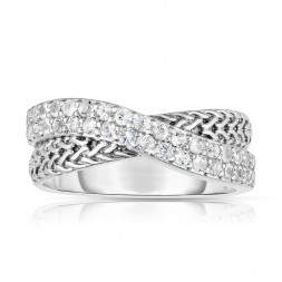 Woven Silver Crossover Ring With White Sapphires.