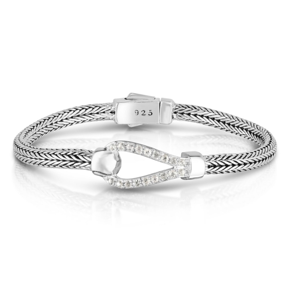 Woven Silver Hook Bracelet With White Sapphires