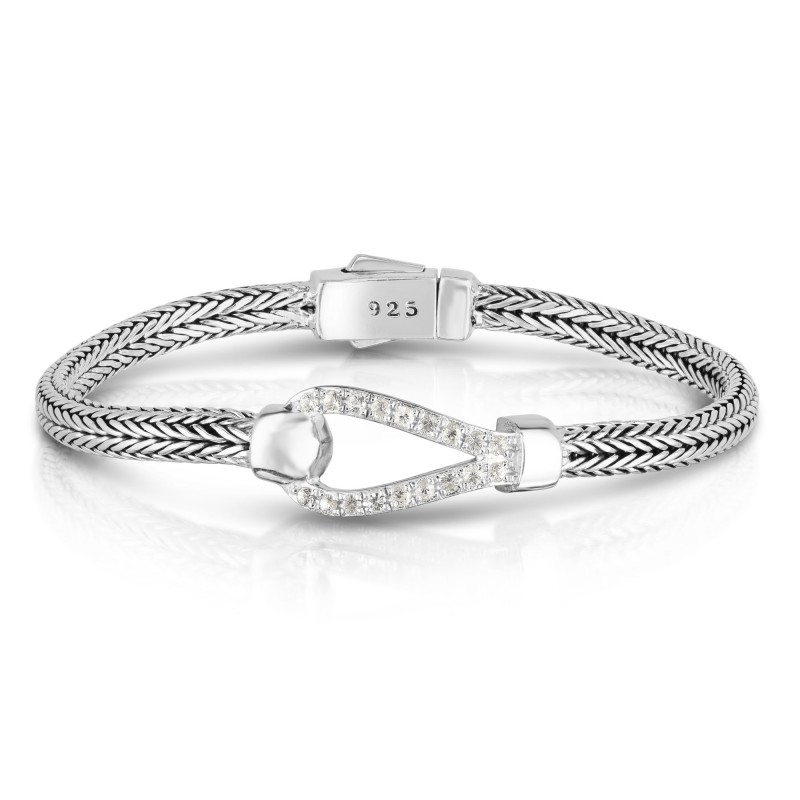 Woven Silver Hook Bracelet With White Sapphires